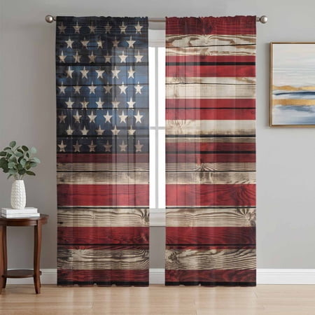 Retro American Flag Semi Sheer Curtains 63 Inch Length 2 Panels Set Red Blue Flag Vintage Wooden Sheer Kitchen Curtain Privacy Voile Window Curtain for Living Room Bedroom Rod Pocket Drapes