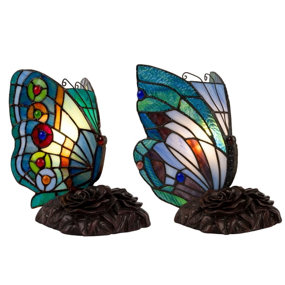 Lavish Home Tiffany Style Table Lamp Set of 2 – Glass Butterfly Light Pair