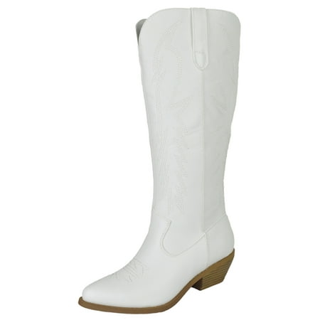 

Soda Women Cowgirl Cowboy Western Stitched Boots Pointy Toe Knee High White 10