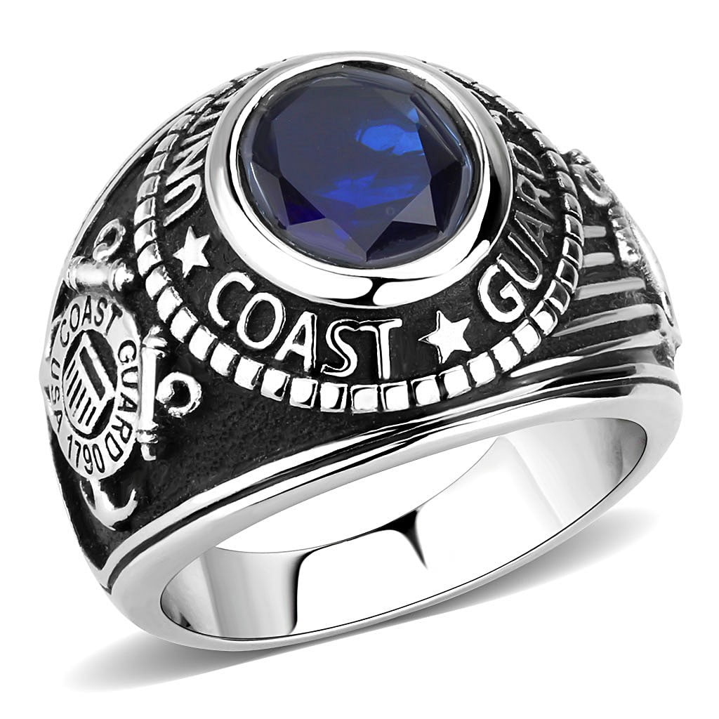 Men s Stainless Steel Coast Guard Ring with Blue Sapphire CZ Size 12