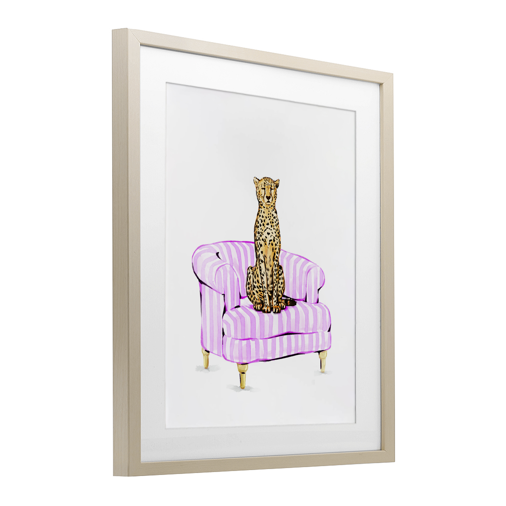 Cheetah on Pink Stripe Chair Birch Framed Print Under Glass, design by Ziwei Li