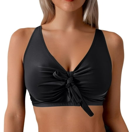 HABDGIKS 2025 Push Up Bikini Top Split Solid Halter Tie Side Backless Bandeau Bra Swimwear