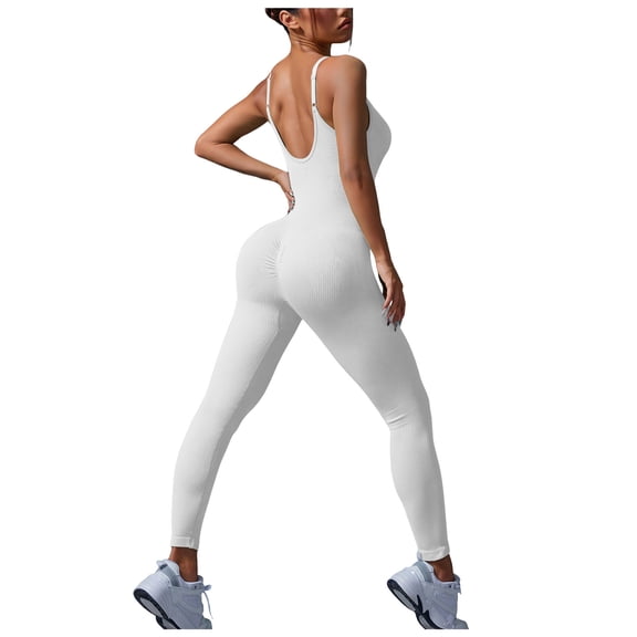 larppty Women Backless Workout Seamless Jumpsuit Yoga Ribbed Bodycon One Piece Adjustable Shoulder Strap Leggings Romper(White, M)