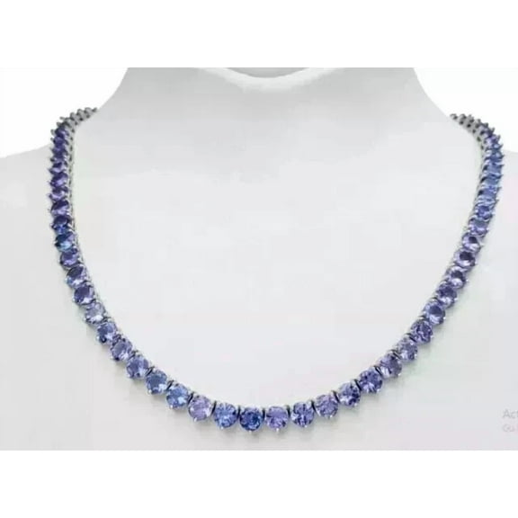 14K White Gold Plated Round Lab-Created Tanzanite Women Tennis Necklace