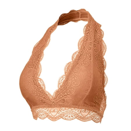 

URBAN DAIZY Women s Seamless Lace Bra Scalloped Halter Padded Crop Top Lined Bralette Plunge Comfort Pads Yoga Bustier A17_6328 Camel 2XL