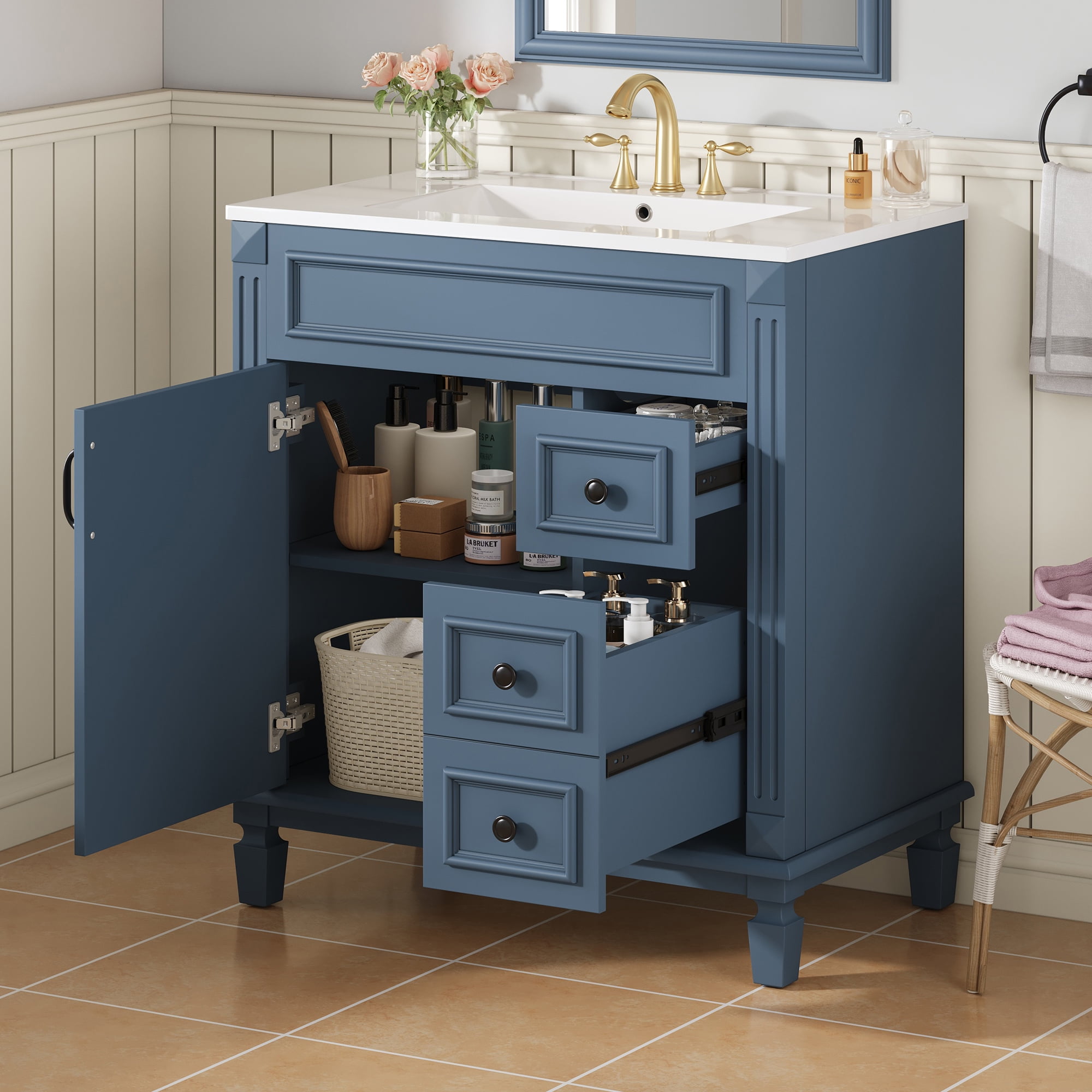 Harper & Bright Designs 30'' Small Bathroom Vanity with Sink, Modern Bathroom Cabinet Freestanding with Drawers, Bathroom Storage Cabinet with Adjustable Shelf, Blue