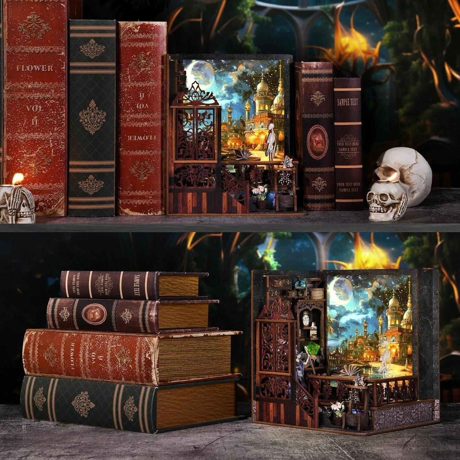 Book Nook Kit DIY 3D Wooden Puzzle Bookend Miniature Dollhouse with LED Light