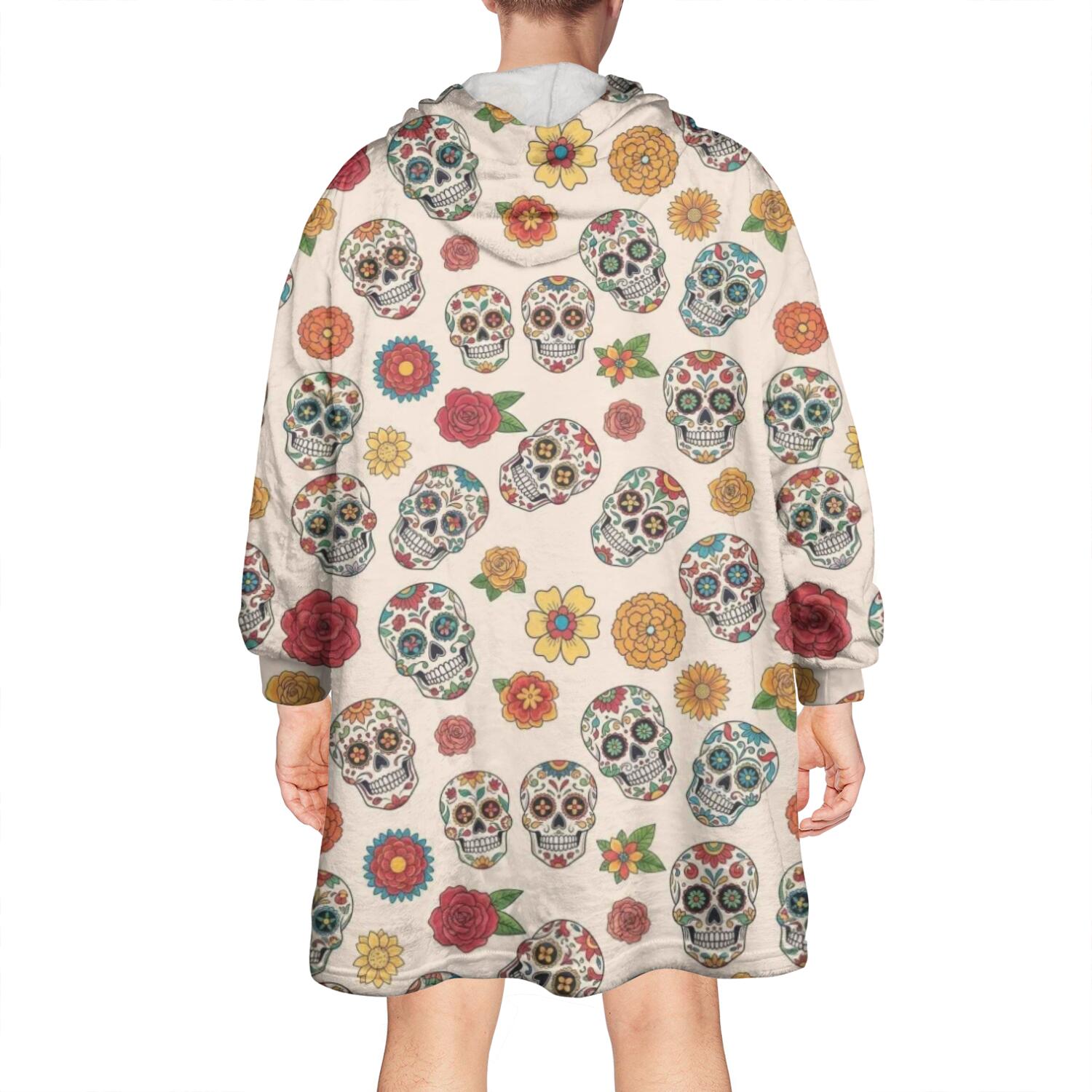 Wearable Oversized Blanket,Beige Floral Skull Pattern Wearable Blanket Hoodie for Adults,Cozy Hooded Blankets with Super Pockets,Super Warm Fuzzy Pullover for Women & Men