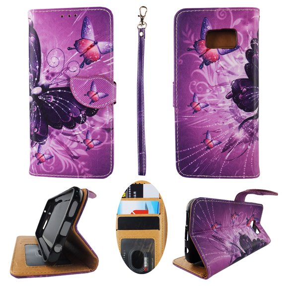 Multi Purple Butterfly Pink Wallet Folio Case for Samsung Galaxy S7 Fashion Flip PU Leather Cover Card Slots & Stand