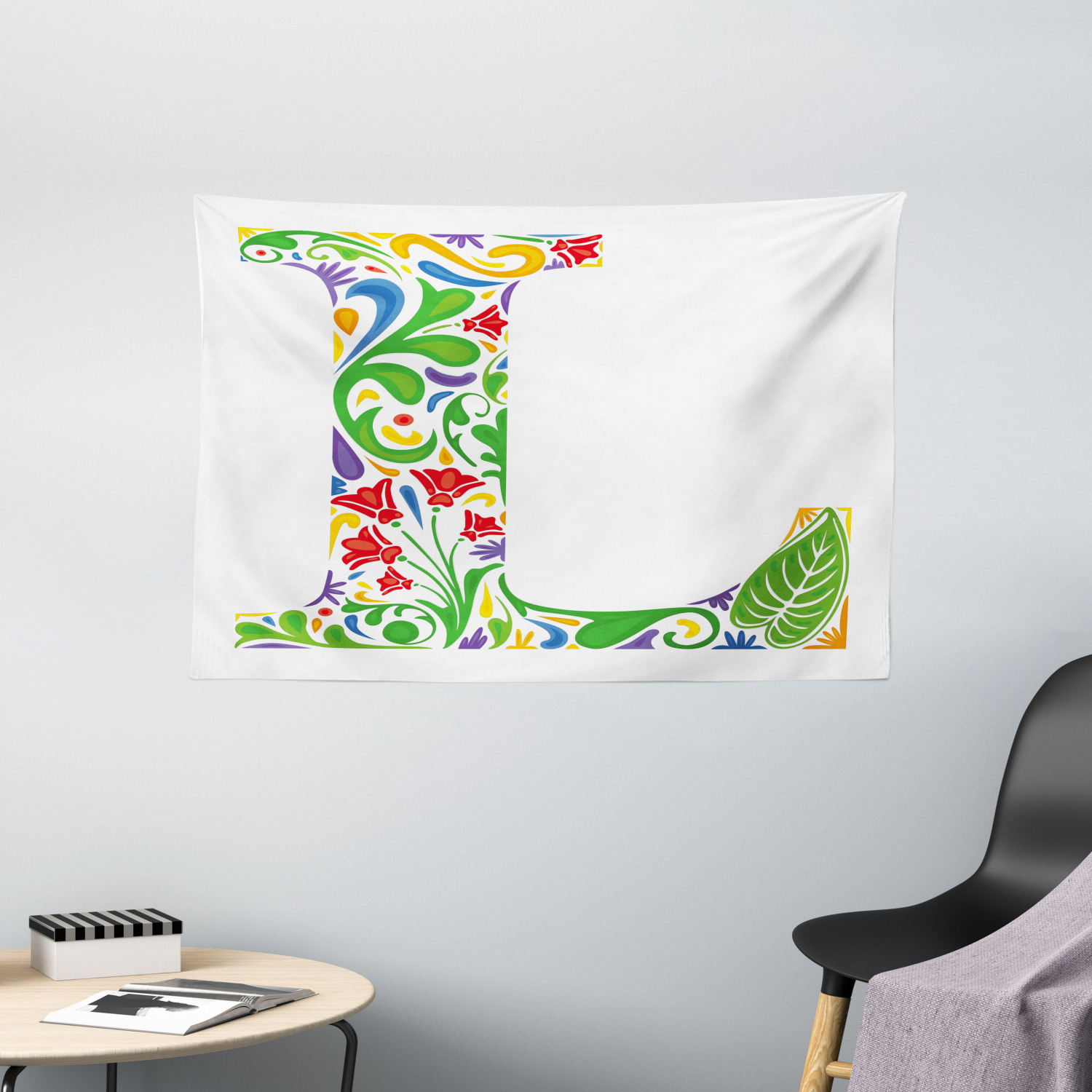 Letter L Tapestry, Vintage Composition with Artistic Leaf and Blossom ...