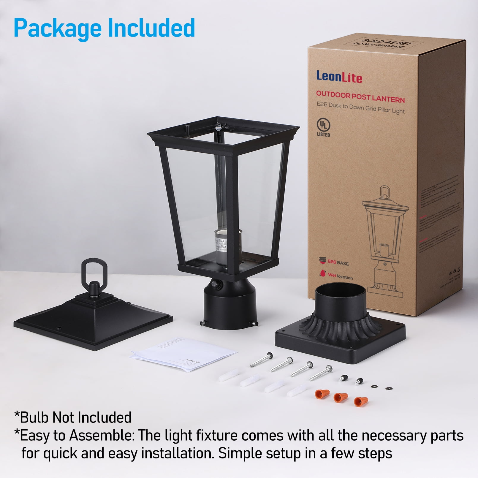 2 Pack Dusk to Dawn Outdoor Post Lantern, 17 Inch Pillar Light with Pier Mount Base, Rectangular Clear Glass Exterior Post Light for Patio, E26 Base, Black