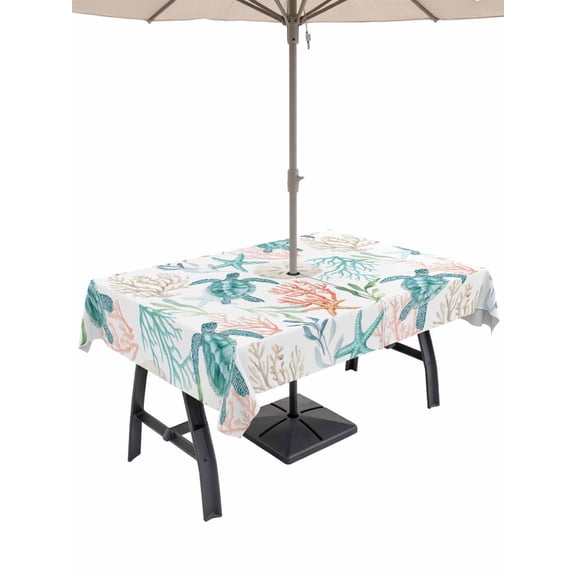 Outdoor Tablecloths with Umbrella Hole & Zipper, Teal Red Coastal 54x80 Inch Tablecloth Rectangle, Beach Nautical Sea Turtle Coral Starfish Waterproof Table Cloth, Patio/Pool/Picnic Table Covers