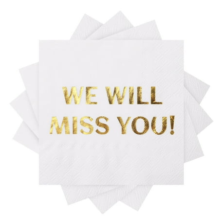 MyMealivos 100 Pcs We Will Miss You Cocktail Napkins White Gold Farewell, Going Away, Retirement Party, Coworker Leaving Goodbye, Moving Celebrations3-Ply, Black
