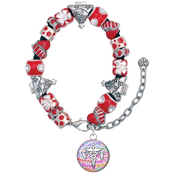 Silvertone Domed Multi Color VT Red Christmas Bead Bracelet