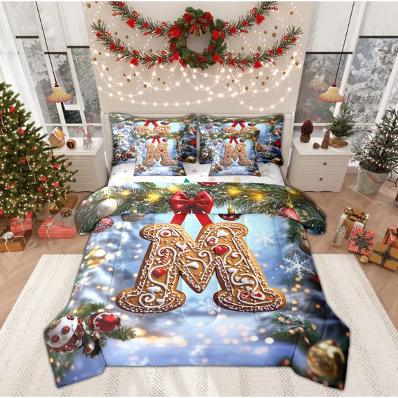 Manfei Xmas Initial M Letter Twin Bedding Sets 7-Piece for Teen, Happy New Year Bedding Comforter Set, Glitter Christmas Ball Reversible Sheet Sets, Ultra Soft Home Decor