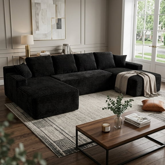 Howcool 131" U‑Shaped Modular Sectional Sofa with Deep Seat Chaise,Corduroy 4‑Seat Boneless Cloud Couch,Compressed Sofa for Living Room,No Assembly Required,Black