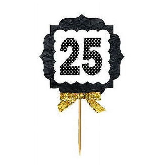 25th Birthday / Anniversary Gold Ribbon Hand Crafted Novelty Cupcake Decoration Toppers / Picks -12ct