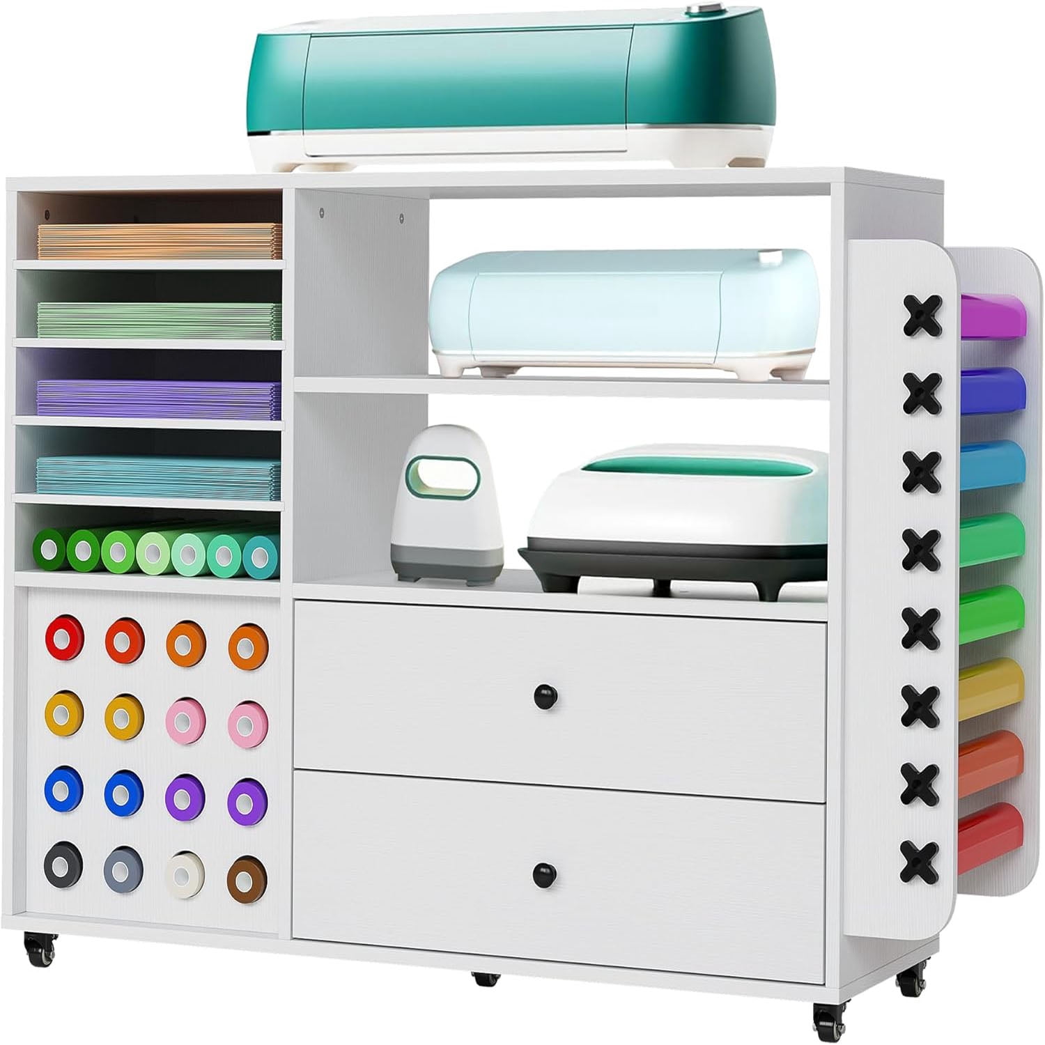Craft Organization and Storage Cabinet Compatible with Craft Machines Cart Rolling Craft Organizer with 2 Drawers & 24 Vinyl Roll Holder, Crafts Station Storage Organizer Crafting Cabinet Table Workst