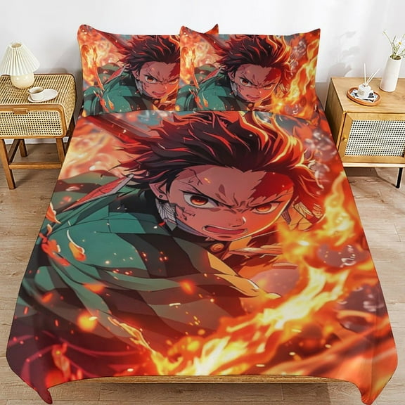 3 Piece Comfortable Bedding Set Demon Slayer Kamado Tanjirou Duvet Cover Twin Bed with 2 Pillowcase 86"x70"