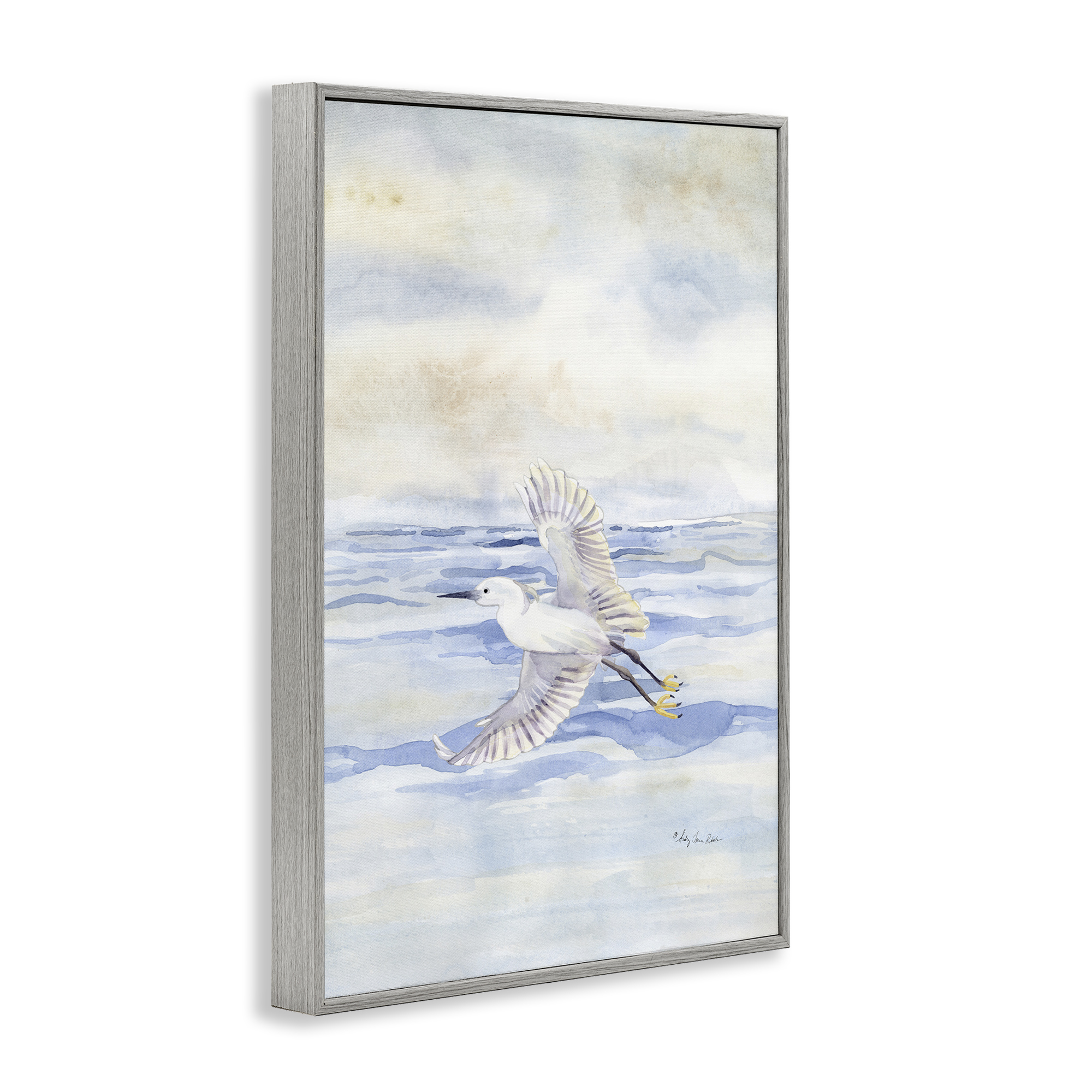 Stupell Industries Flying Heron Over Water Landscape Painting Gray Framed Art Print Wall Art, 12 x 18