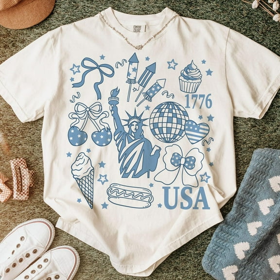Retro America Coquette Comfort Colors Shirt, Preppy 4th of July Tee Shirt, Girly Memorial Day Tees, Vintage USA Independence Day Shirt
