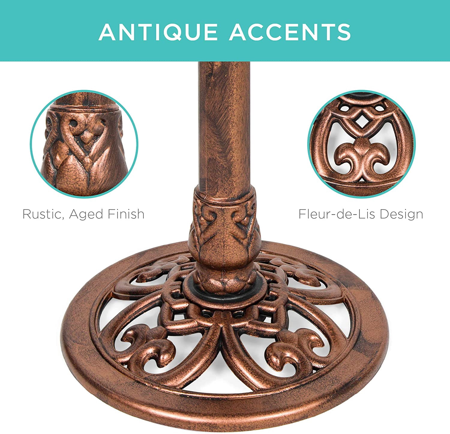 NIUMU  28in Pedestal Bird Bath, Vintage Outdoor Resin Accent Decoration w/Fleur-de-Lis Accents - Copper