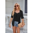 thumbnail image 3 of Summer Square Neck Button Spliced Mid-Sleeve Casual Women's T-Shirt Top, 3 of 8