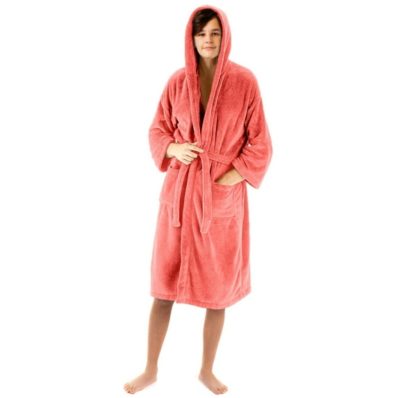 BC BARE COTTON Kids Microfiber Fleece Hooded Robe - Girls - Coral - Large