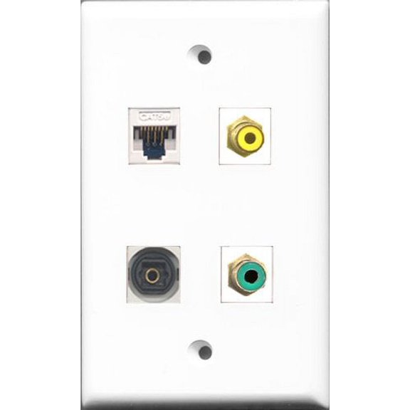 RiteAV 1 Port RCA Yellow and 1 Port RCA Green and 1 Port Toslink and 1 Port Cat5e Ethernet White Wall Plate