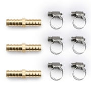 U.S. Solid 3pcs Brass Hose Barbed Splicer Fitting Connector with 6 Clamps, 3/8in Barb