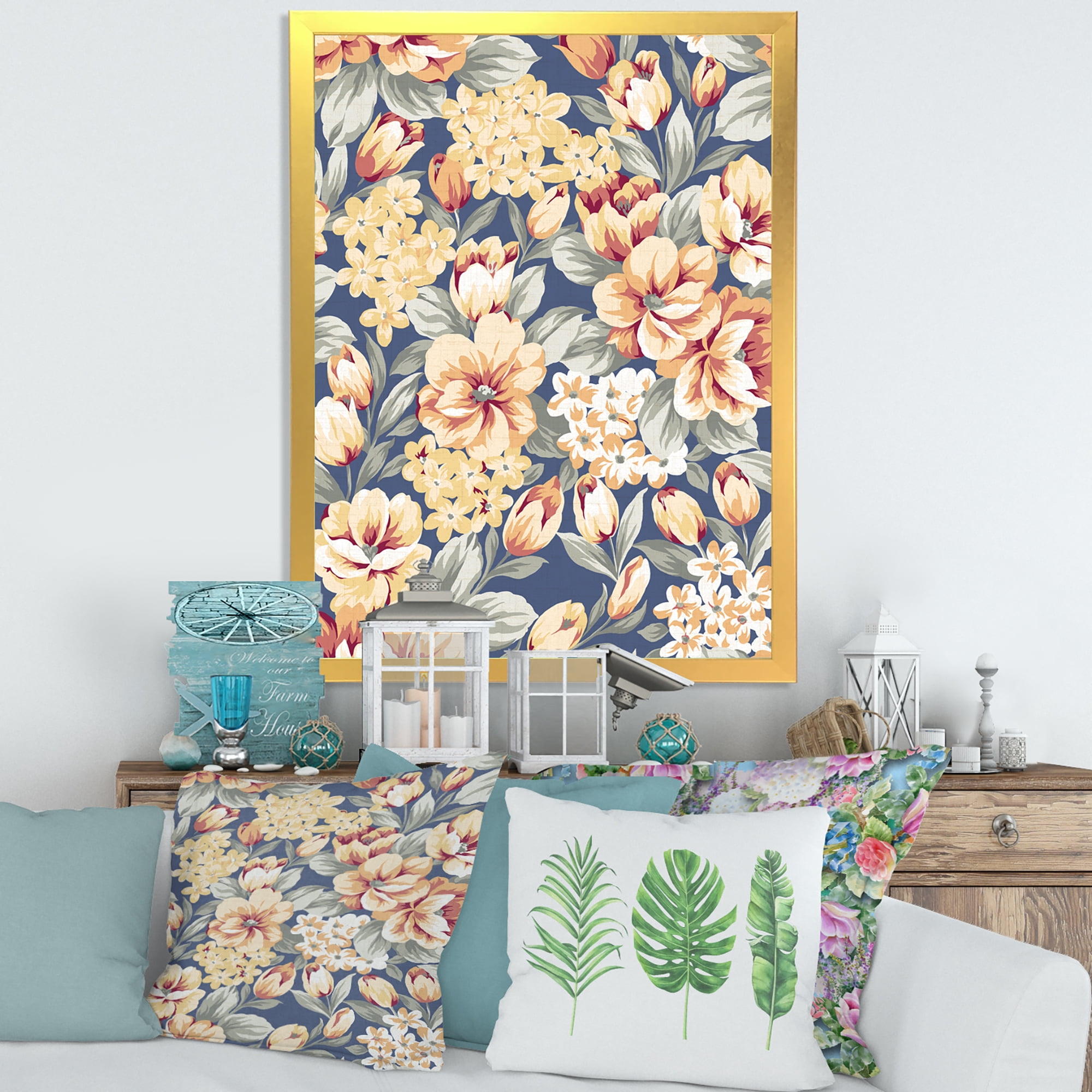 Designart 'Vintage Orange and Yellow Flowers' Traditional Framed Art Print