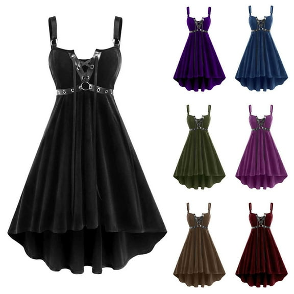 Hvyesh Gothic Dress Vintage Goth Dresses for Women Crisscross Strap Dress Halloween Party Costumes Velvet Medieval Dresses