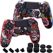 MXRC Silicone Rubber Cover Skin case Anti-Slip Water Transfer Customize Camouflage for PS4/SLIM/PRO Controller x 2 (Dragon Red + Blue) + FPS PRO Extra Height Thumb Grips x 8 + Dustproof Plug x 4