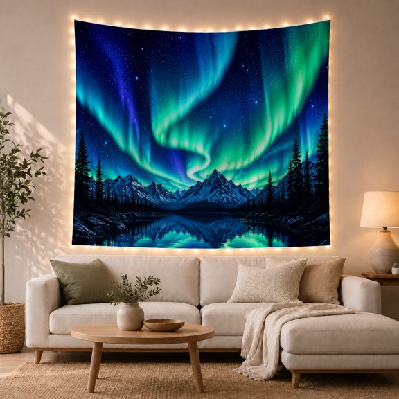 Aurora Borealis Over Snowy Mountains with Forest Reflection, Mystical Celestial for Nature Lovers, Mystical Landscape Wall Art Christmas Gift Tapestry Wall Hanging for Bedroom and Living Room