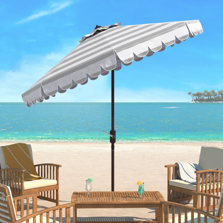 gray and white striped patio umbrella Best Choice Products 10ft Outdoor Steel Market w/ Crank, Tilt Push Button, 6 Ribs or your favorite beach chair Safavieh Maui 9' Market Crank