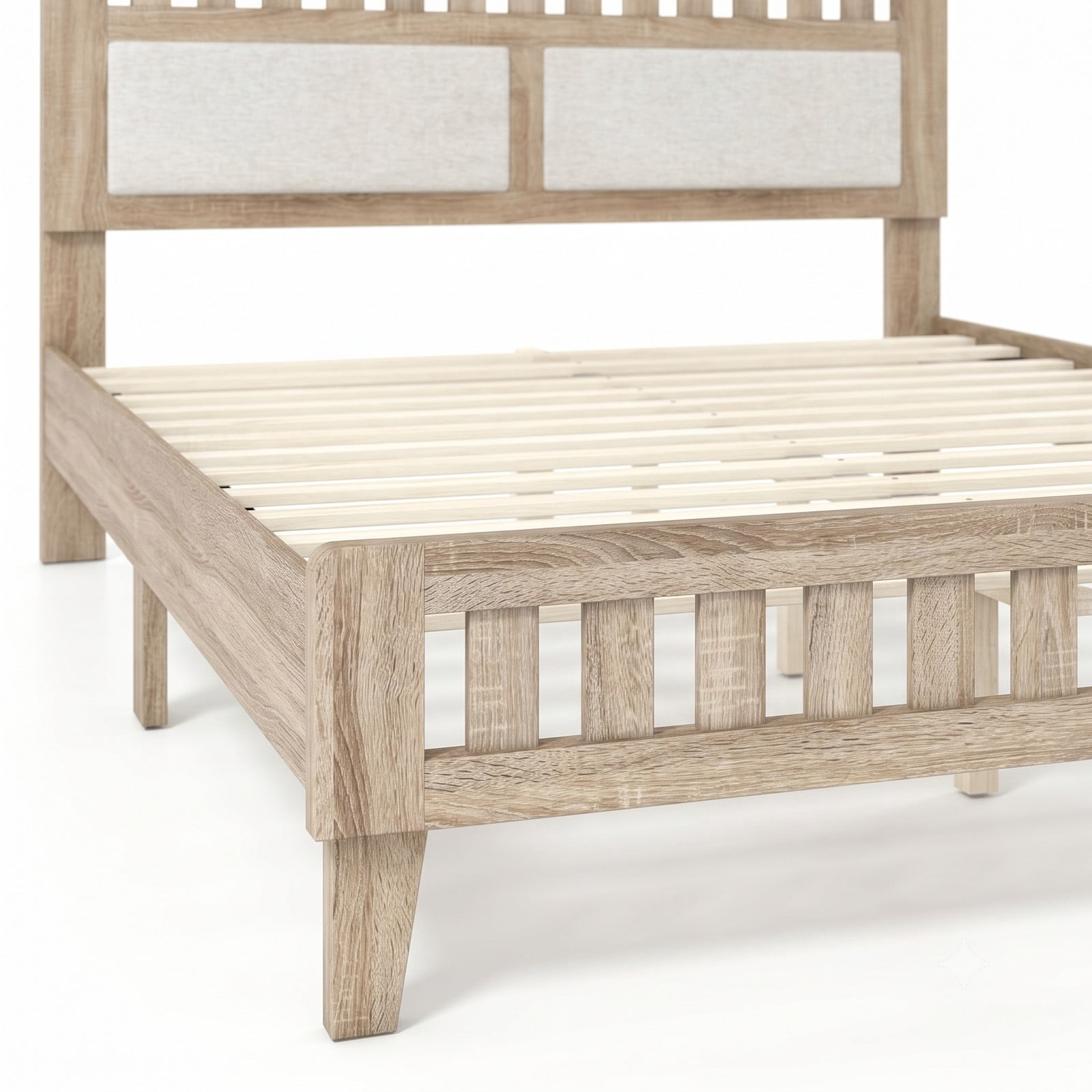Furnibear Queen Bed Frame Wood Platform Bed with Upholstered Fabric Headboard and 12 Plywood Slat Support, Rustic Oak