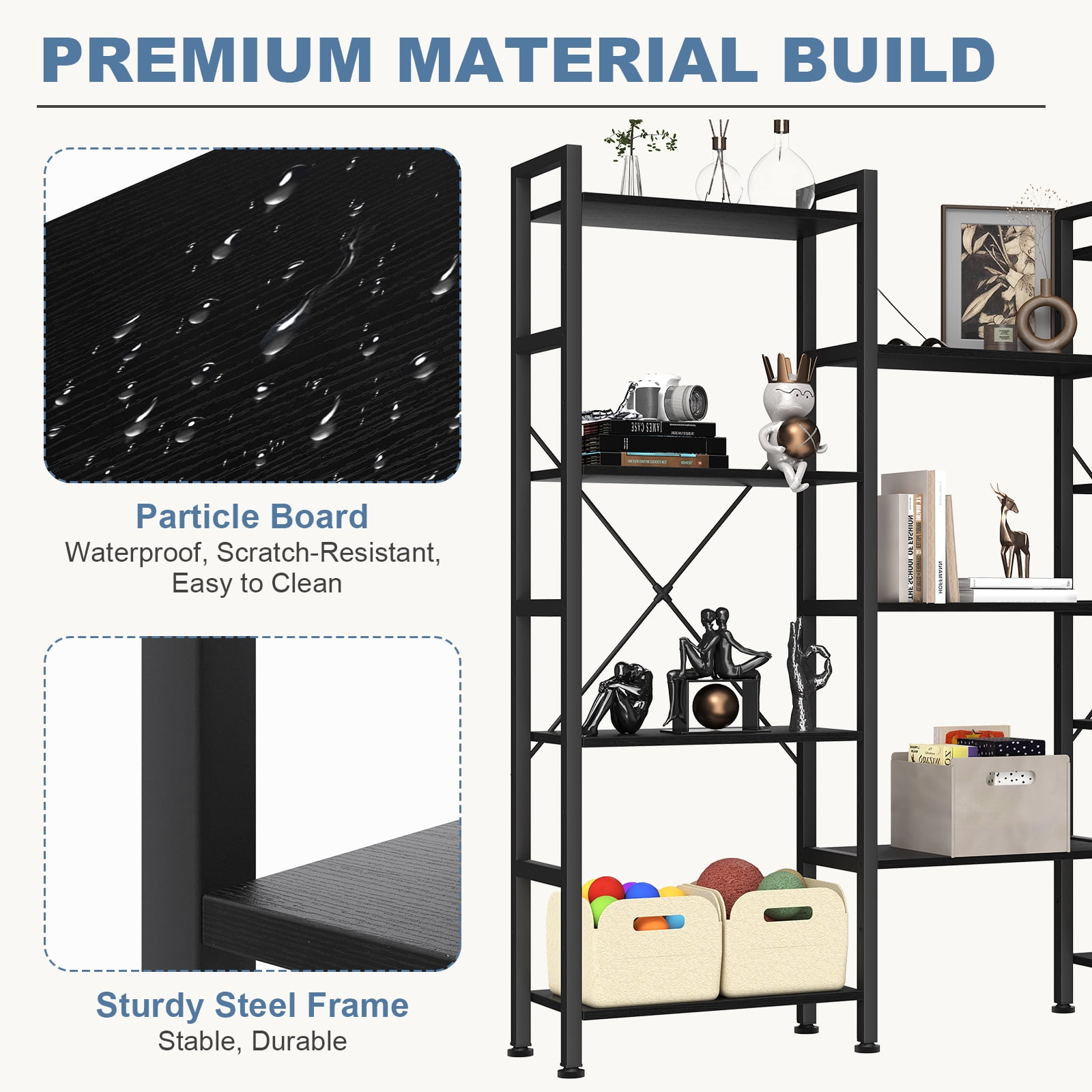Gianna Modular Bookshelf, Adjustable Height 4-Tier Wide Display Shelves, Convertible Industrial Bookcase for Living Room, Study & Bedroom, Black