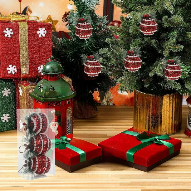 Adornos de árbol de Navidad de espuma 3-Pack | Bolas multicolores de 3.15 pulgadas, piñas, bolsas a cuadros, acabado brillante, decoraciones navideñas reutilizables para árbol, coronas, Mardi Gras,