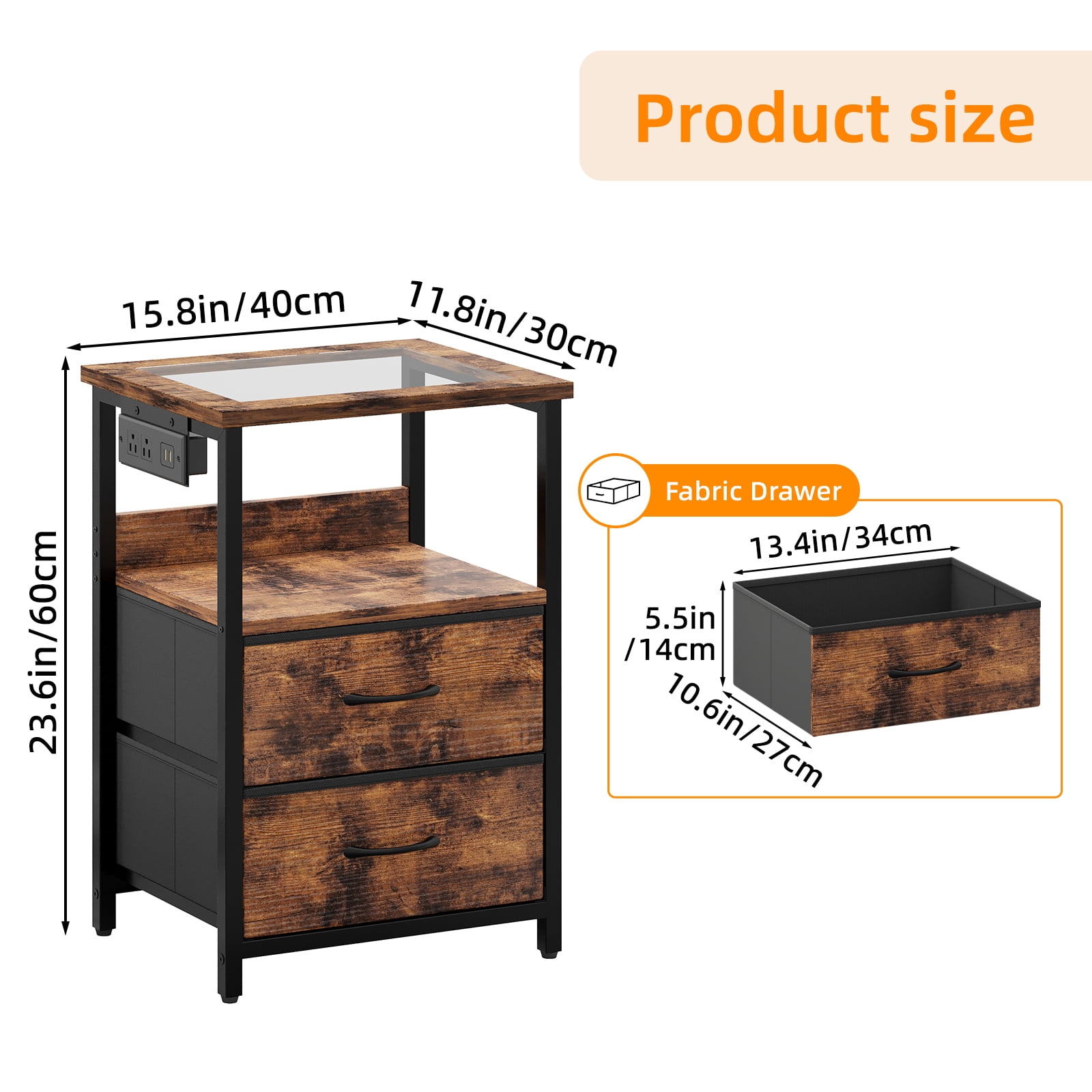 Tomnk 2 Pack Rustic Brown Nightstands with LED Lights, Charging Station, Drawers
