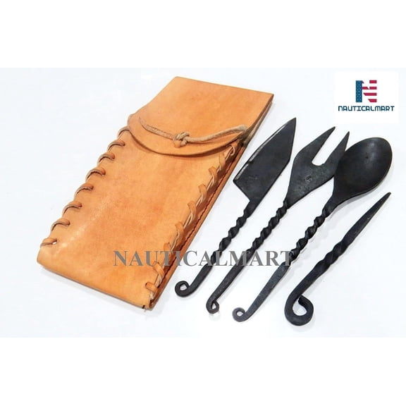 NauticalMart Hand Forged Medieval Eating Utensil Set of 4 Pieces Viking Style Twisted Cutlery Functional Feastware Dining Accessories with Easy Carrying Case (2nd Design)