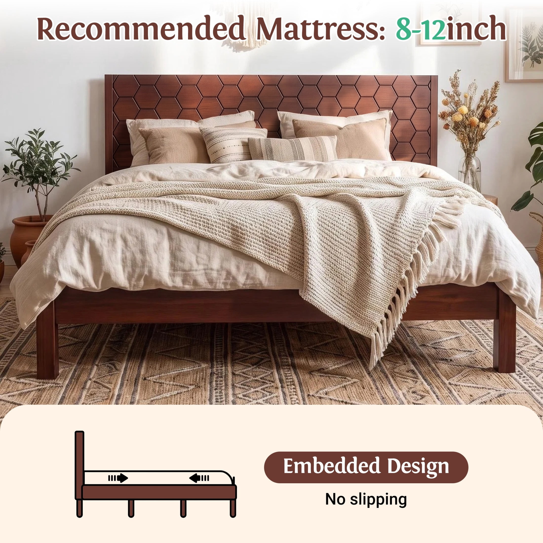 Christopher Knight Home Modern King Wooden Platform Bed Frame With Honeycomb Headboard, Walnut