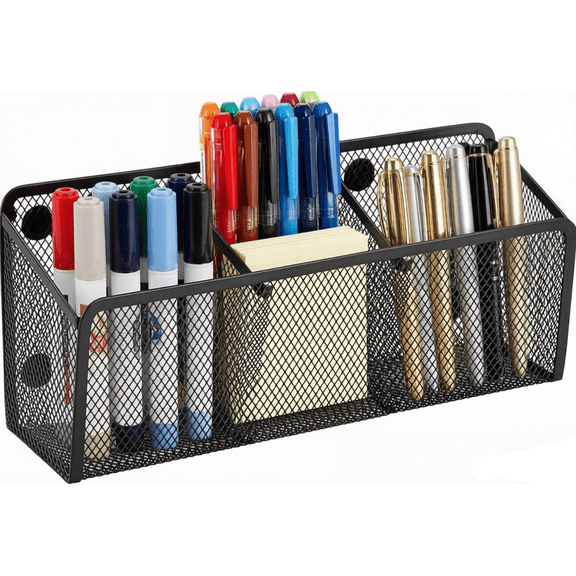 Artrylin Magnetic Metal Mesh Pencil Holder, Wire Mesh Storage Basket Organizer with Strong Magnet for Refrigerator, Whiteboard, Locker Accessories, Office Supplies Organizers, 3 Slot Black