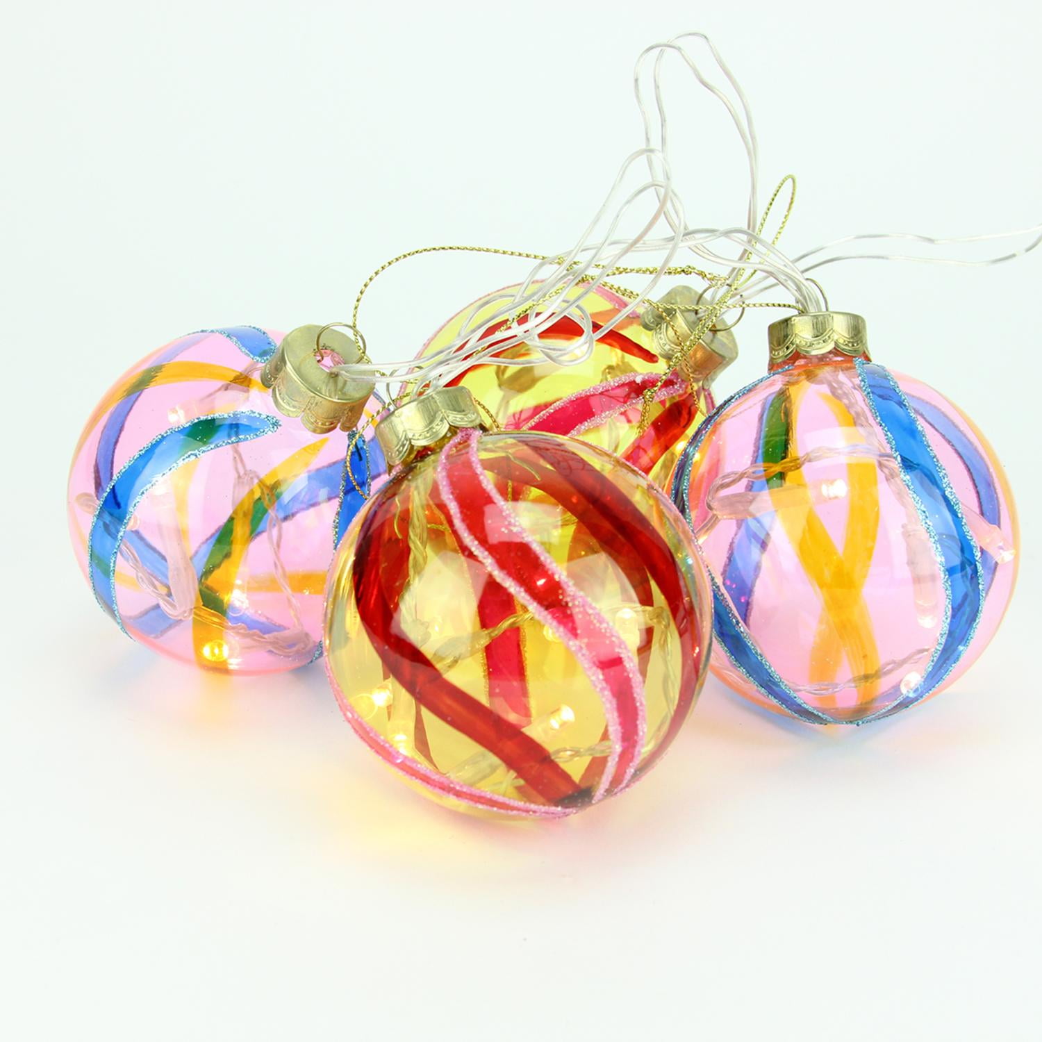 Set of 4 Battery Operated Pink and Yellow Swirl Glass Ball LED Lighted