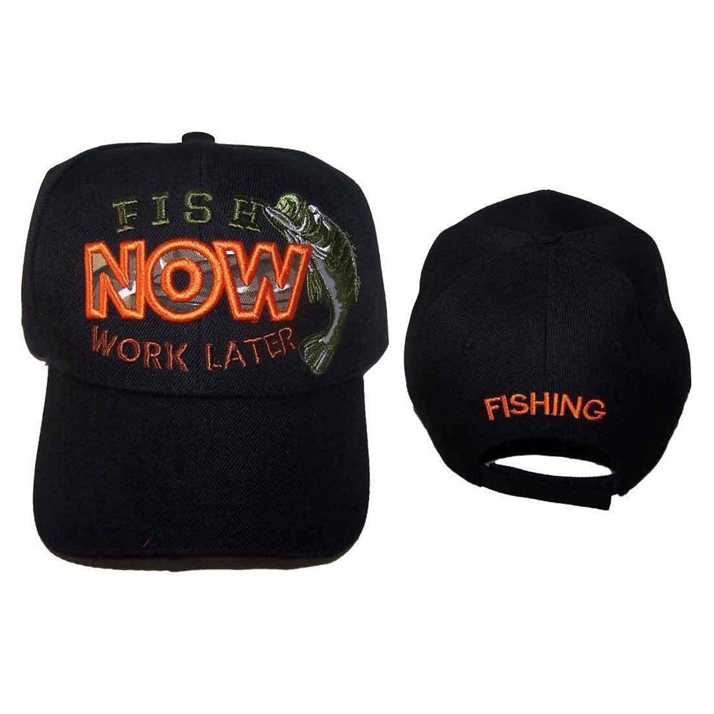 "Fish Now Work Later" Bass Fishing Baseball Caps Hats Sports Caps