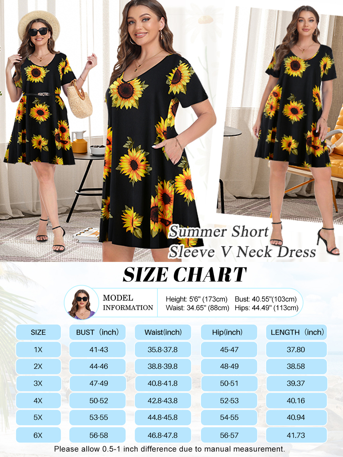 Plus Size Dresses 5X for Women, VEPKUL V Neck T Shirt Dress 2024 Short Sleeve Casual Loose Swing Summer Dress Floral Printed with Pockets - image 4 of 9