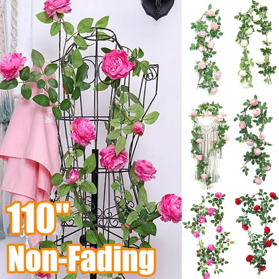 Travelwant Artificial Peony Garland Flowers, Floral Greenery Garland Rose Flower Vine Garland with Mixed Peony Flowers and Green Leaves for Wedding Dining Table Home Party Decor-110"