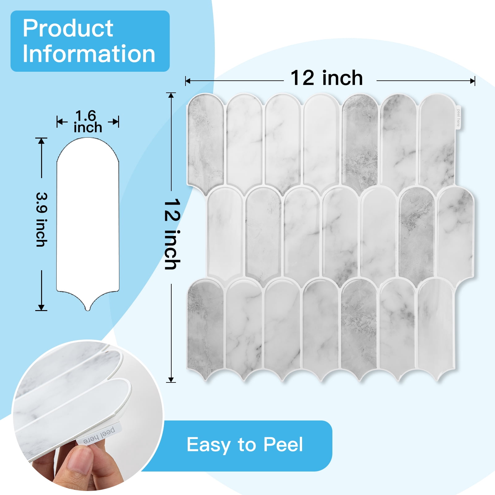 12'' x 12'' Peel and Stick Backsplash,10-Sheet Self-Adhesive Wall Tiles for Kitchen Bathroom,Thicker Design in Gray