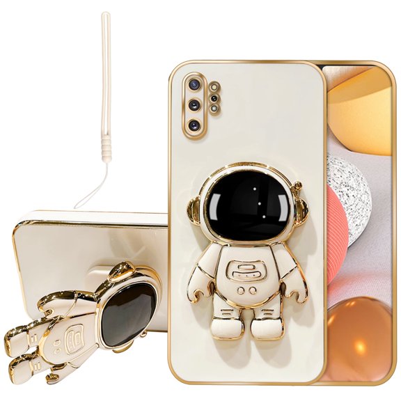 Annyojo for Galaxy Note 10 Pro Phone Case with 6D Astronaut Hidden Stand Holder Case Cover for Samsung Galaxy Note 10 Pro with Lanyard Strap Soft Silicone Shockproof Kickstand Cover Bumper - White