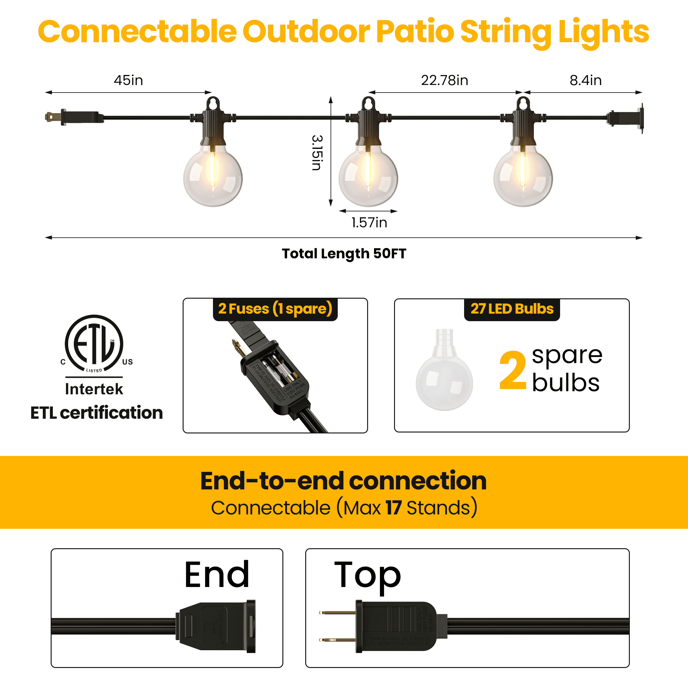 Fooman G40 Outdoor String Lights 50FT IP65 Patio Waterproof Hanging Lights with 25+2 Bulbs for Garden Gazebo Bistro Cafe Backyard