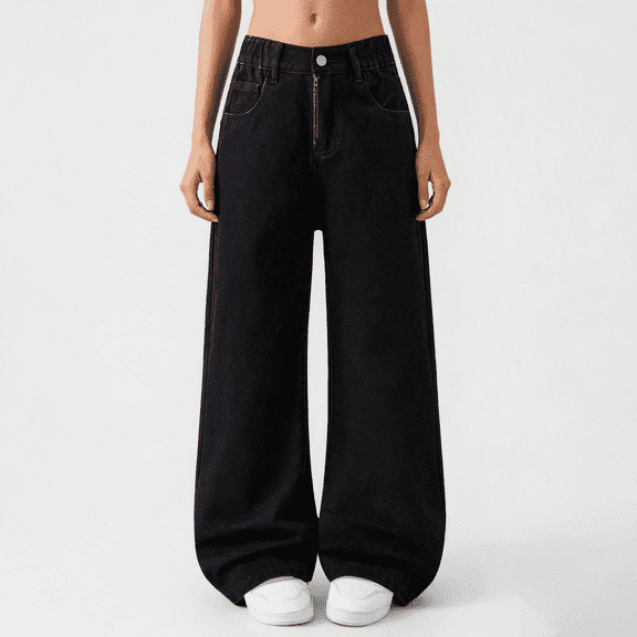 GiLiling Girls High Waisted Baggy Cargo Jeans Wide Leg Elastic Waist Y2k Vintage Aesthetic Denim Pants (Black, 12-13 Years) (Black, 7-8 Years)